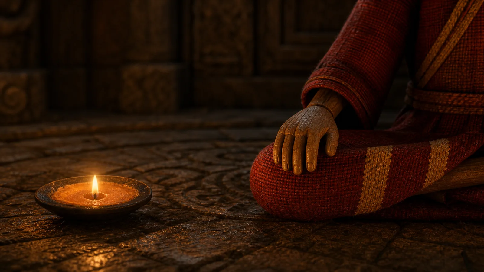 Opening meditation: candle, red-robed knee, resting wooden hand