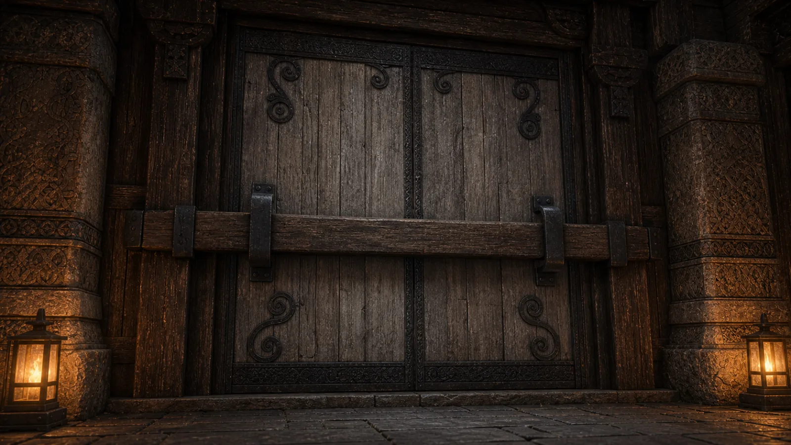 Intact frontal wooden gate with locking beam