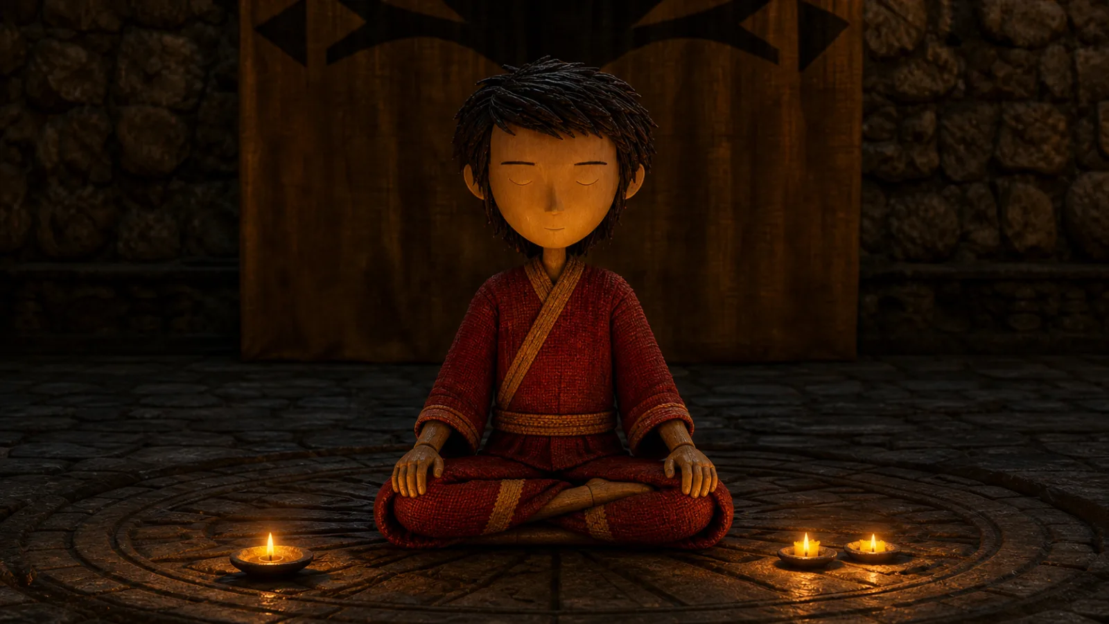 Frontal reveal of calm cross-legged Mantu with flag and three candles