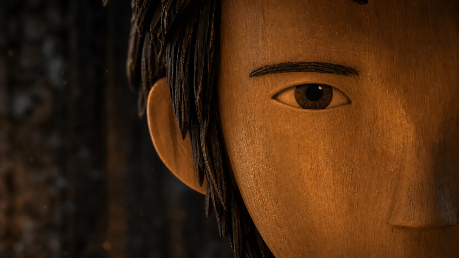 Matched close-up — the same eye opens calmly